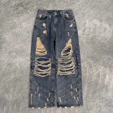 크러쉬 데님 데미지 가공 와이드 팬츠 Y2K 그런지 아카이브