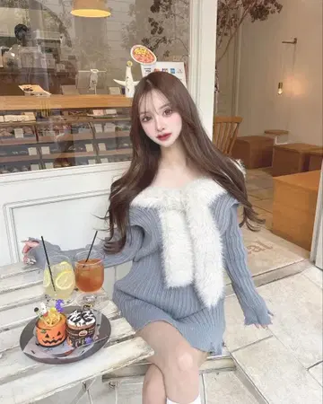 lumignon 퍼 오프 숄더 그레이 니트
