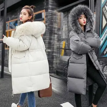 베이지 후드 부착 롱 다운 자켓