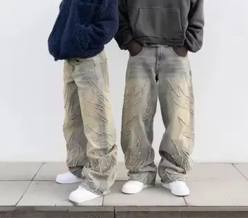 Y2K 와이드 데님 팬츠 데미지 가공 자수 가공