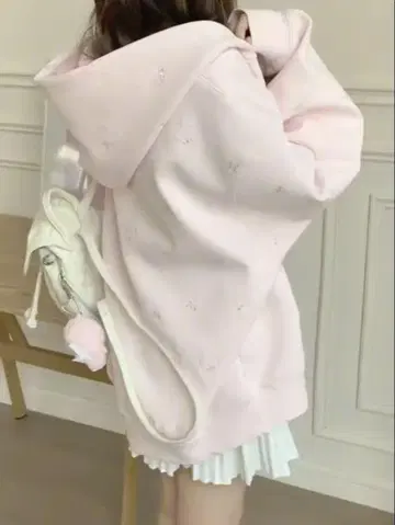 핑크 후드티 키티 패턴 리본 자수 XL