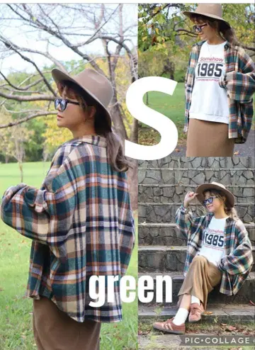 시마무라 nozomi 체크 셔츠 사이즈 s 그린