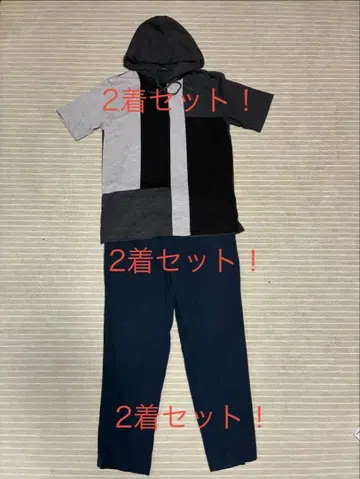 컴시즘 후드 부착 패치워크 반팔 셔츠와 팬츠 세트 2세트