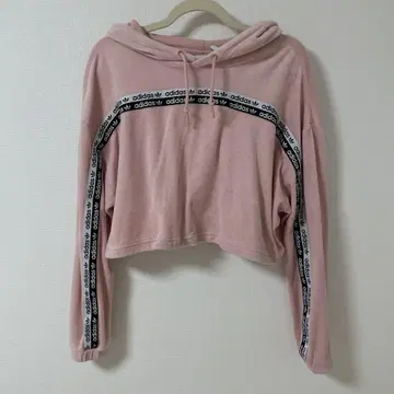 adidas 테이프 핑크 벨벳 크롭 후드티