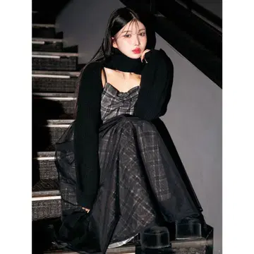 다리치 튤 도킹 체크 원피스