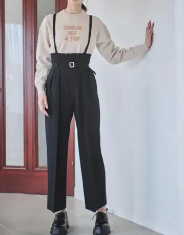 도트 무늬 블랙 살로펫 서스펜더 와이드 팬츠 36
