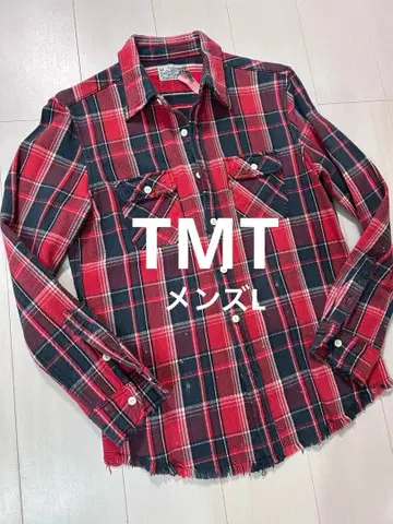 TMT 체크 플란넬 셔츠 남성용 L 데미지 가공 빨간색 x 네이비