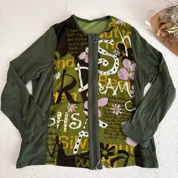 y2k 개성있는 꽃무늬 프린트 올리브 그린 집업 가디건 긴팔