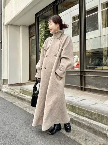 울 혼방 하이넥 롱 코트 베이지 Kastane