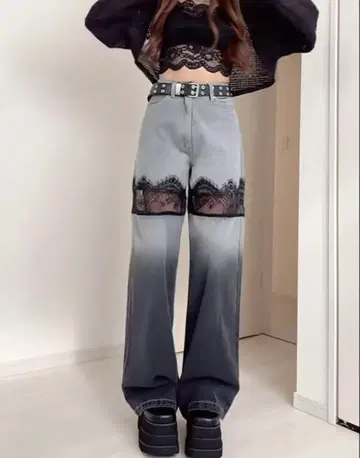 다리치 스캘럽 레이스 데님 롱 팬츠