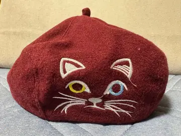 고양이 얼굴 자수 베레모 와인 레드