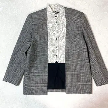 울 100% 노카라 자켓 스카프 패턴 체크 쇼와 레트로 9