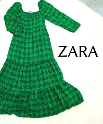 ZARA 그린 체크 무늬 퍼프 슬리브 티어드 롱 원피스