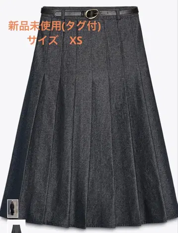 ZARA 데님 플리츠 미디 기장 벨트 스커트