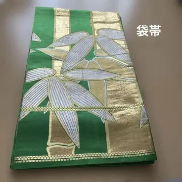 그린 컬러 대나무와 잎 자수 후쿠로 오비