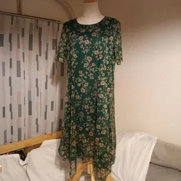플라워 프린트 그린 셔츠 원피스 반팔