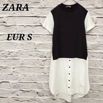 자라 [ EUR S ] 반팔 셔츠 원피스 베스트 절개 화이트 x 네이비