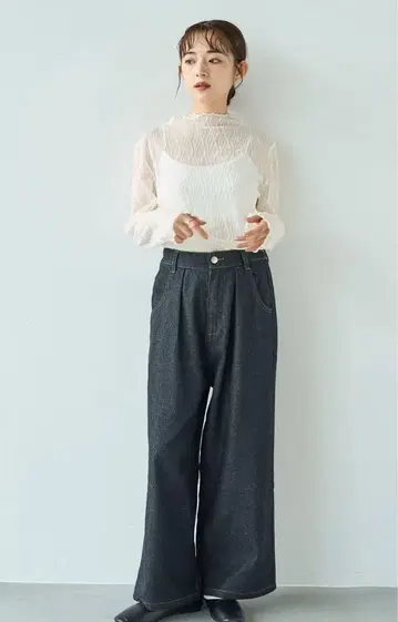 mil 데님 와이드 턱 팬츠