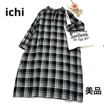 새상품급 인기 ichi 이치 롱 셔츠 원피스 옴브레 체크 프릴 옷깃