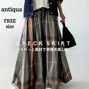 안티카 antiqua 체크 무늬로 멋스럽게! 스커트 카키 멋쟁이 소재