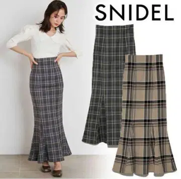 SNIDEL 하이웨스트 타이트 헤므 플레어 체크 스커트 머메이드 스커트