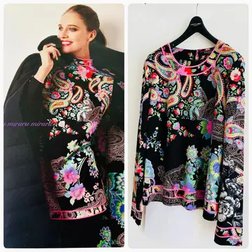 미사용 LEONARD 실크 울 / 꽃 페이즐리 니트 스웨터 40 블랙