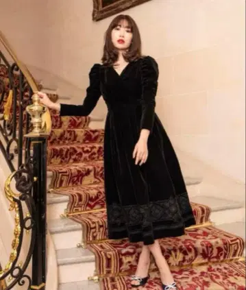 herlipto Embroidered Velour Midi Dress