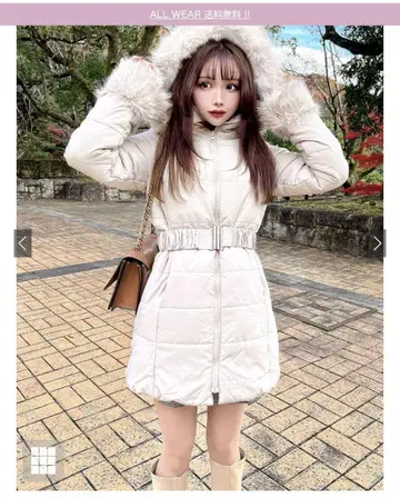 퍼 포함 벨트 다운 코트 화이트