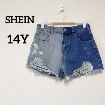 새상품급 SHEIN 바이컬러 데님 숏팬츠 14Y 봄 여름 데미지