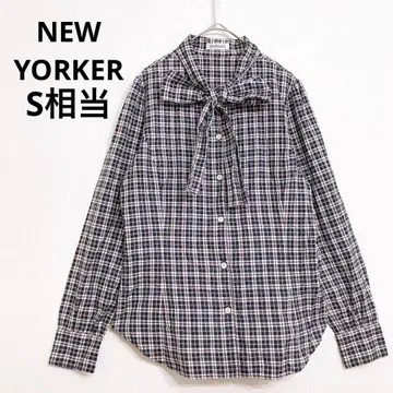 뉴요커 보타이 체크 무늬 셔츠 깔끔한 캐주얼 블라우스 S