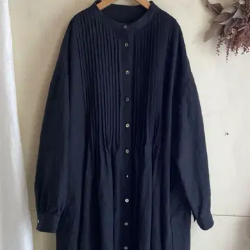 프렌치 린넨 핀턱 밴드 카라 원피스 블랙 일본제 블랙