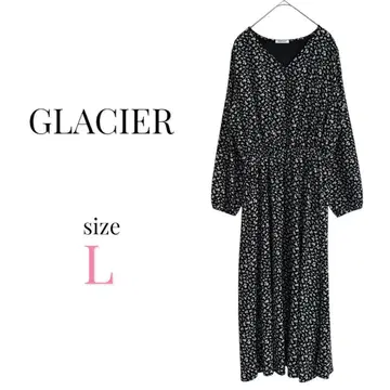 GLACIER [ L ] 긴팔 롱 원피스 미니 꽃무늬 V넥 고급 블랙