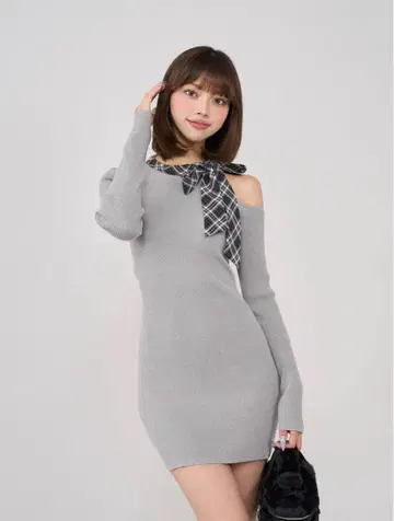 다리치 체크 리본 원숄 니트 원피스