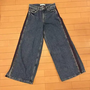 ZARA 와이드 레그 데님 팬츠 멀티 컬러 슬릿 사이드 스트라이프