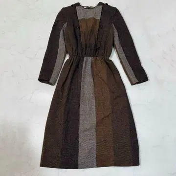 레트로 빈티지 스트라이프 니트 롱 원피스 브라운