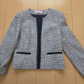 새상품급 트위드 노카라 자켓 네이비