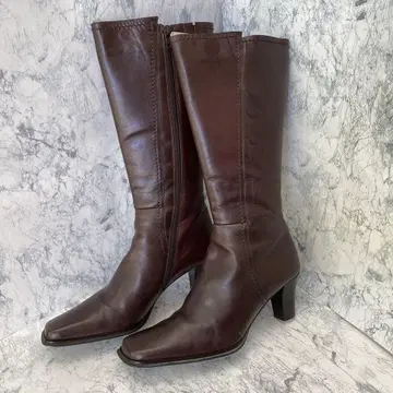브라운 가죽 롱 부츠 7cm 힐