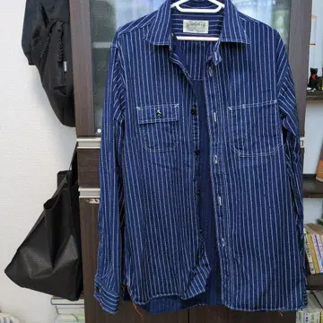 스트라이프 디자인 데님 셔츠 긴팔 네이비