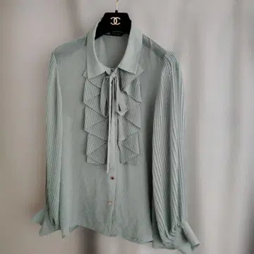 ZARA 플리츠 프릴 블라우스 그린 L