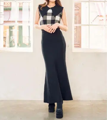 Darich 빅 칼라 깅엄 체크 니트 롱 원피스