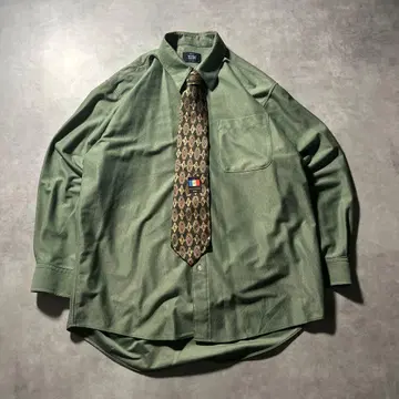 빈티지 그린 올 패턴 넥타이 플레인 셔츠 세트