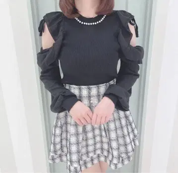 evelyn 소매 쉬폰 펄 니트 블랙