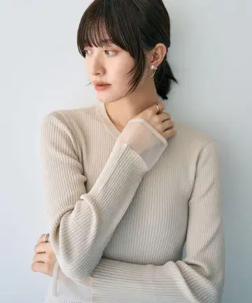 yecca vecca 소매 시어 리브 니트 라이트 베이지