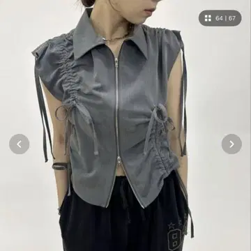 WHO'S WHO gallery 개더 리본 슬리브리스 그레이