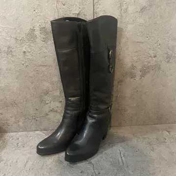 [롱 부츠] 가죽 블랙 무지 깔끔한 L 사이즈 사이드 지퍼