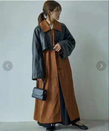 yun_wear 콜라보 인조 가죽 숏 블루종 + 플레어 롱 코트