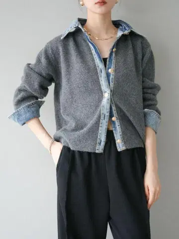 데님 니트 가디건 [ 그레이 ]