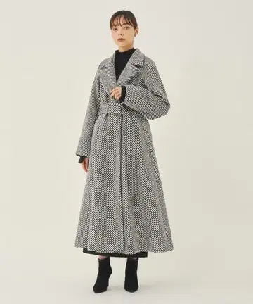 [ 새상품급 ] EMMEL REFINES 헤링본 벨티드 플레어 롱 코트
