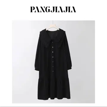 PANGJIAJIA 블랙 긴팔 원피스 큰 옷깃