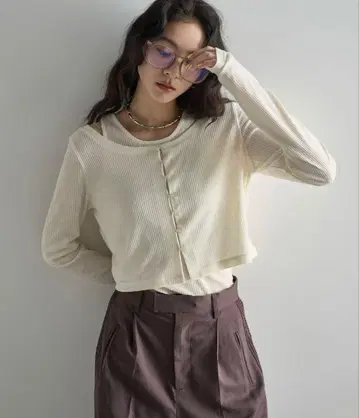 시어 리브 가디건 x 탱크 앙상블 아이보리